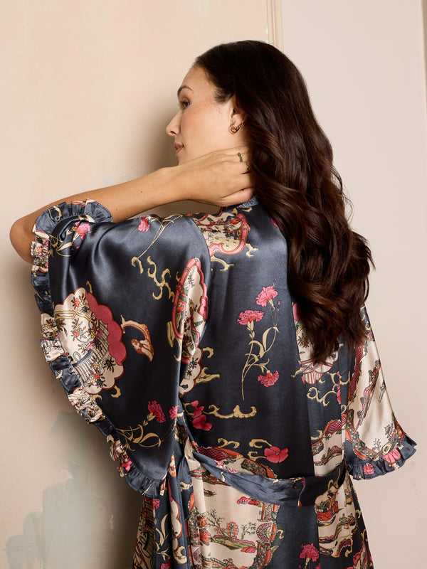 Womens Satin Oversize Angel Sleeve Dressing Gown Robe Grey Pagoda Dreams