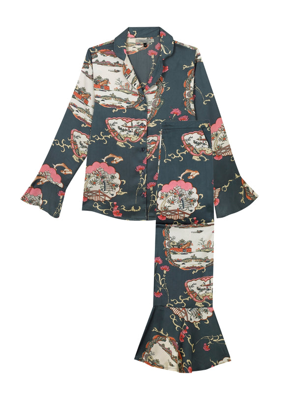 Womens Satin Bold Cuff Pyjamas Grey Pagoda Dreams