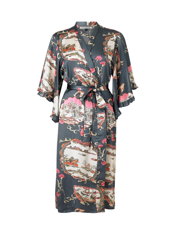 Womens Satin Oversize Angel Sleeve Dressing Gown Robe Grey Pagoda Dreams