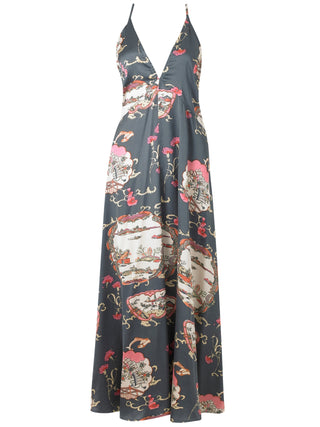 Womens Satin V Neck Cami Maxi Night Dress Grey Pagoda Dreams