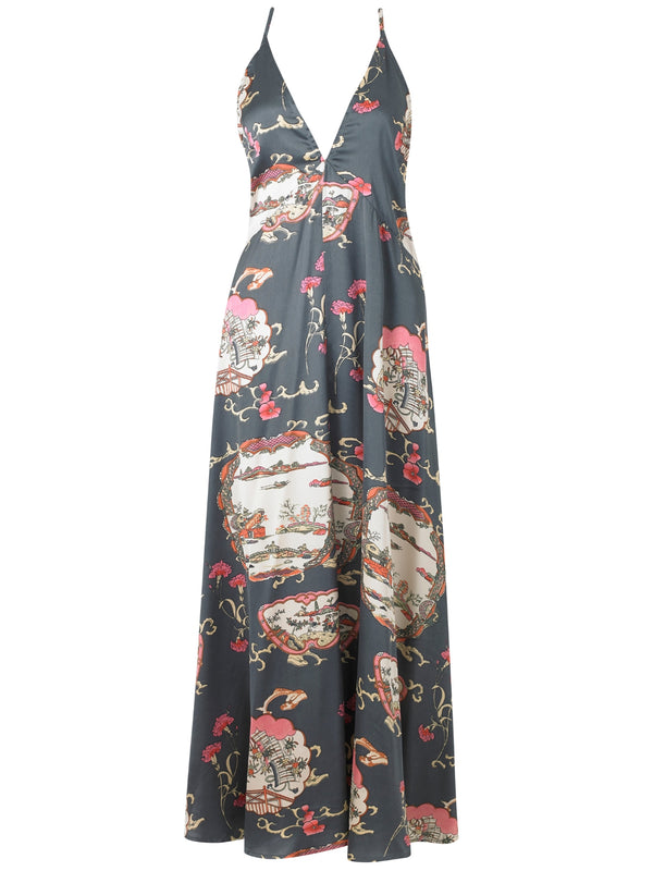 Womens Satin V Neck Cami Maxi Night Dress Grey Pagoda Dreams