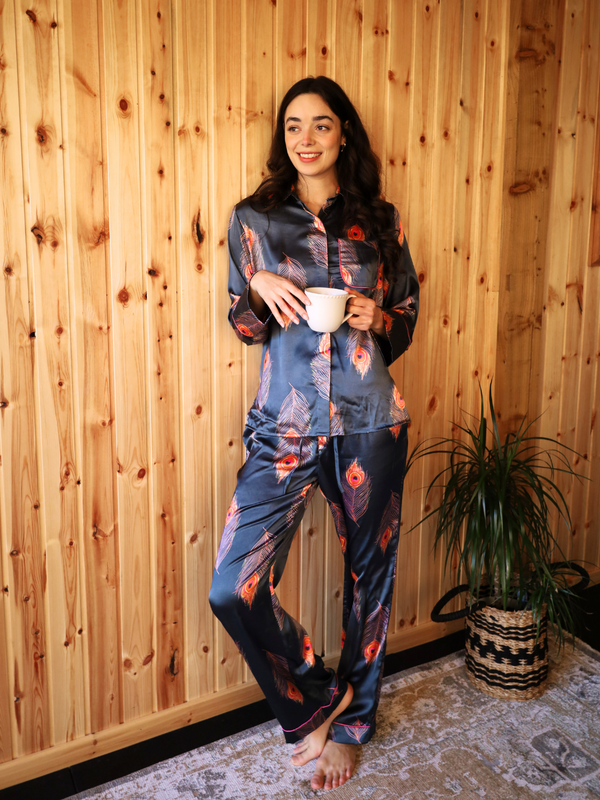 Womens Satin Oversize Concealed Buttons Pyjama Red Navy Peacock