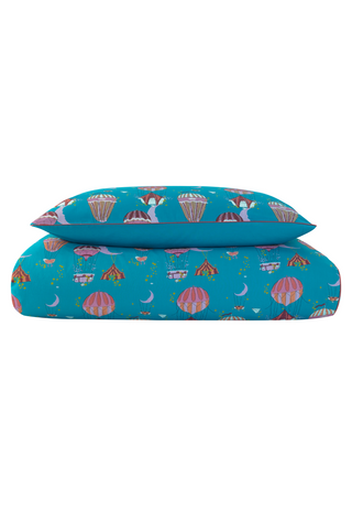 A kids' duvet set with a teal background featuring colorful balloon patterns and other playful designs.