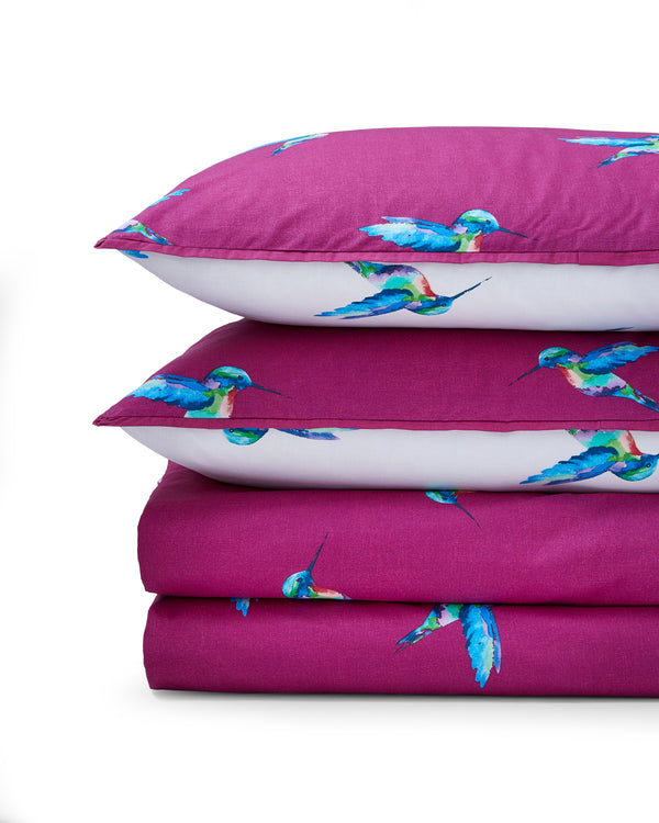 Cotton Reversible Duvet Set Plum Hummingbird