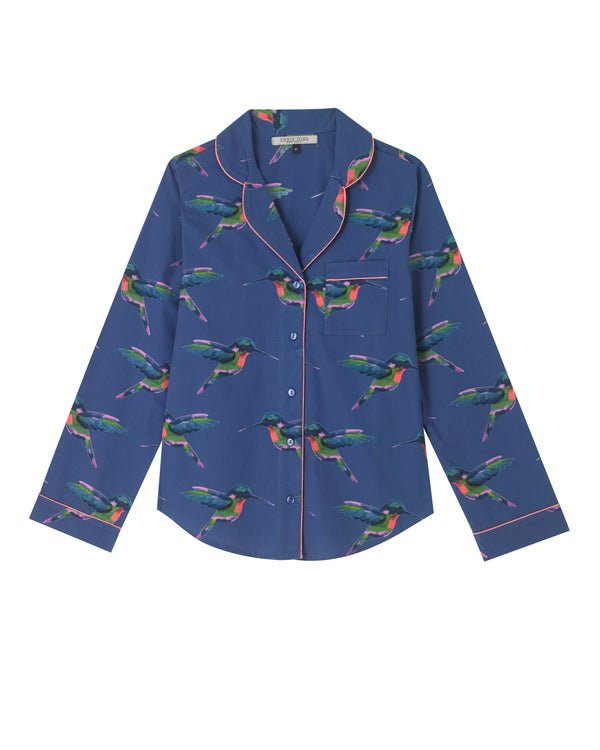 Womens Stand Alone Cotton Pyjama Top Navy Hummingbird