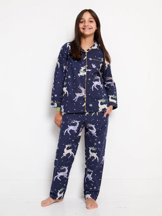 Kids Cotton Traditional Pyjamas Navy Reindeer