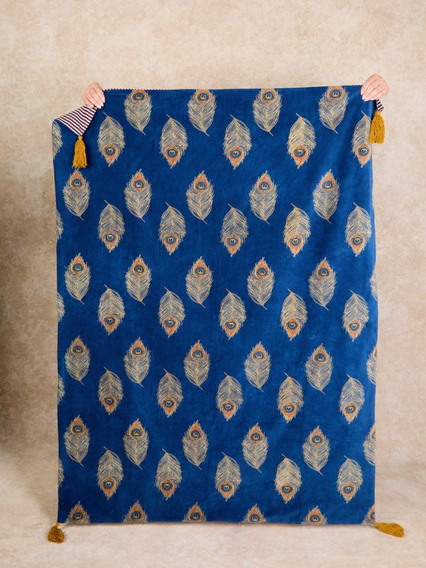 Velvet Throw Navy Peacock Gold Feather