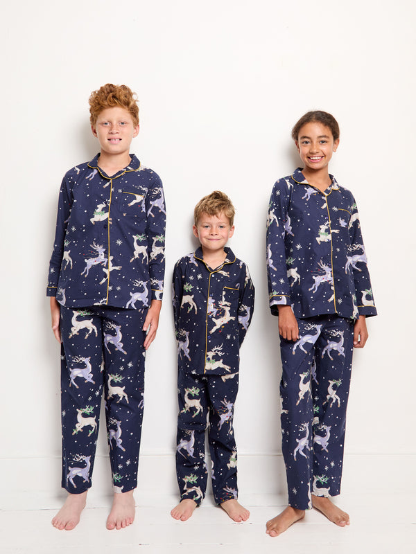 Kids Cotton Traditional Pyjamas Navy Reindeer