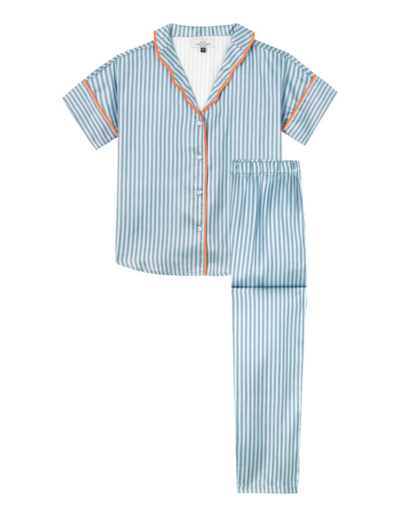 Tween Girl Satin Oversize Pyjamas Blue Ticking Stripe