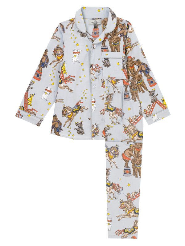 Kids Cotton Traditional Pyjamas Light Blue Star Circus