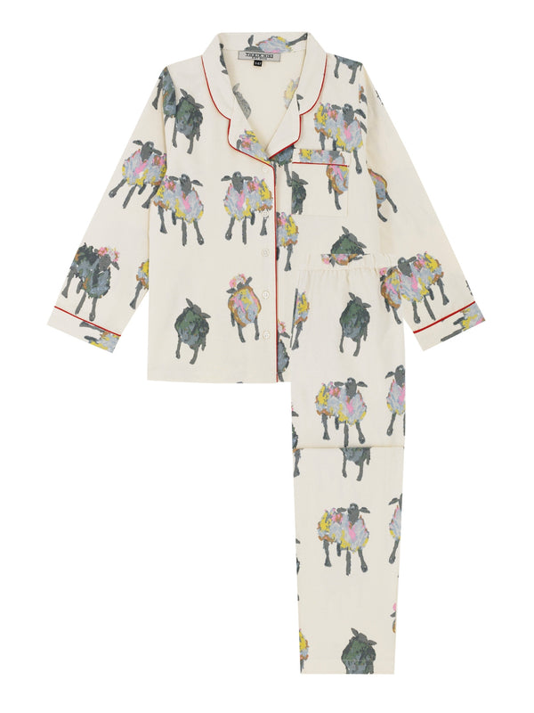 Kids Brushed Cotton Traditional Pyjamas Ecru Sheep