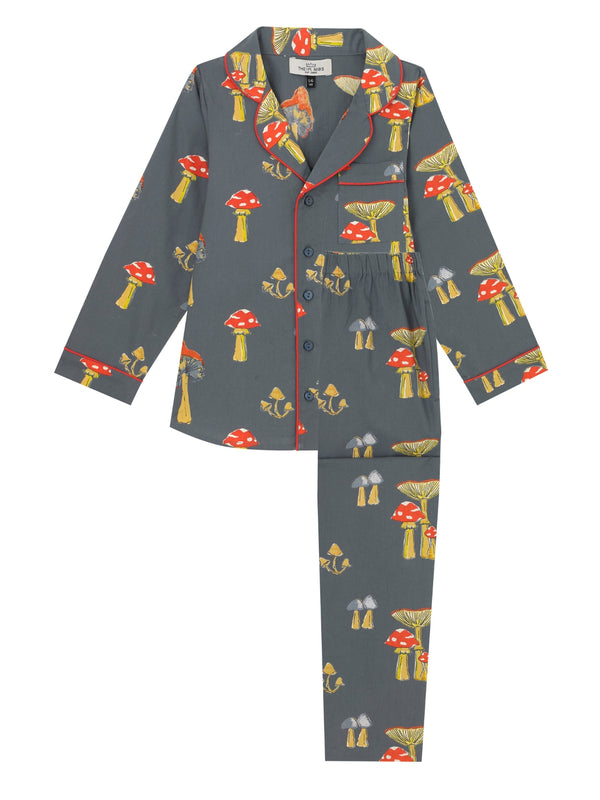 Kids Cotton Traditional Pyjamas Charcoal Mushroom