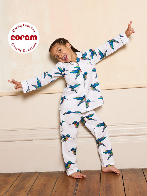 Girls Cotton Pleated Traditional Pyjamas White Hummingbird