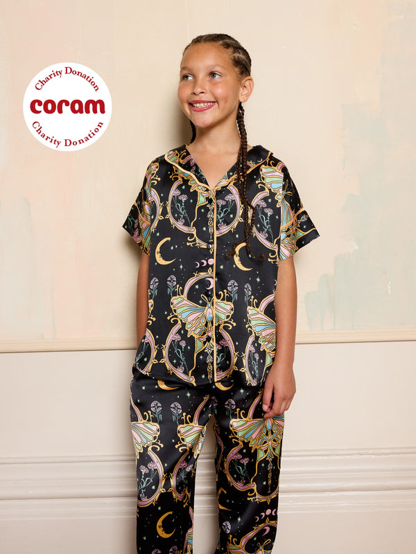 Tween Girl Satin Oversize Pyjamas Black Mystic Moth