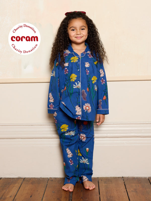 Girls Cotton Pyjamas Navy Field Flower