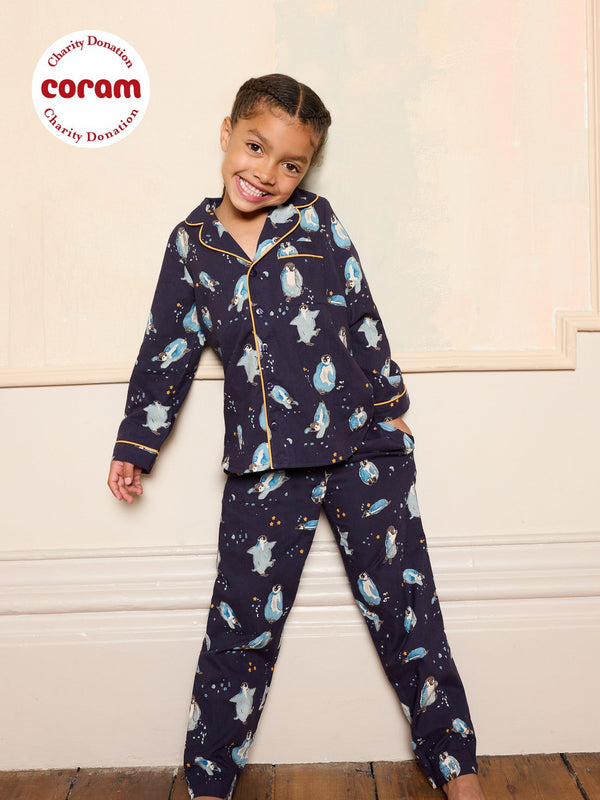 Kids Cotton Traditional Pyjamas Navy Penguins