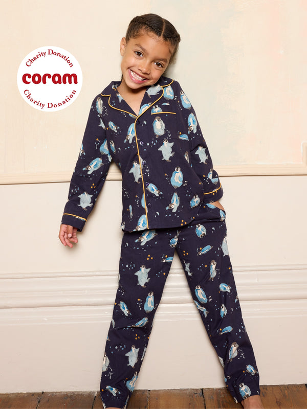 Kids Cotton Traditional Pyjamas Navy Penguins