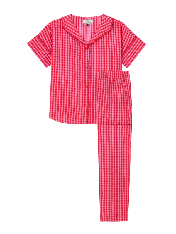 Tween Girl Seersucker Oversize Pyjamas Pink Gingham