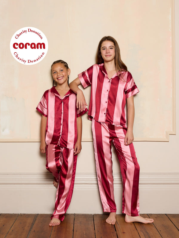 Tween Girl Satin Oversize Pyjamas Pink Stripe