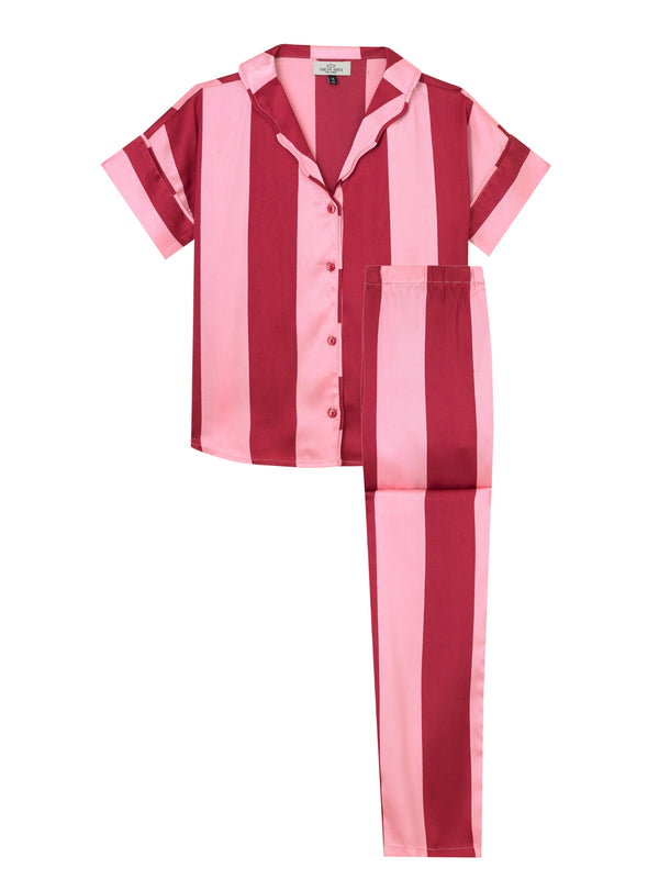 Tween Girl Satin Oversize Pyjamas Pink Stripe