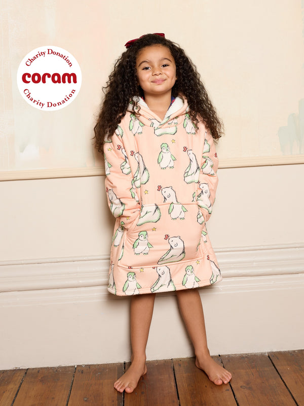 Girls Cosy Oversize Fleece Lined Hoodie Pink Polar Bear