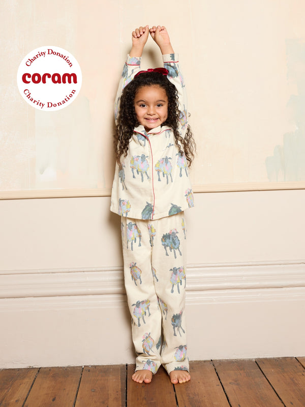 Kids Brushed Cotton Traditional Pyjamas Ecru Sheep