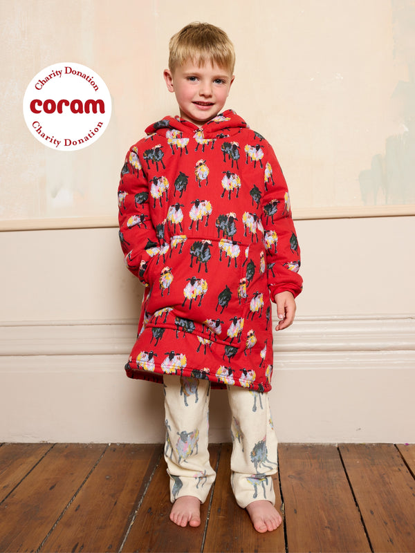 Kids Cosy Oversize Fleece Lined Hoodie Red Sheep