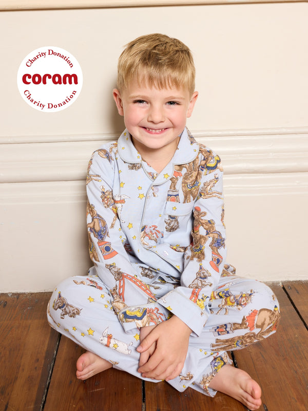 Kids Cotton Traditional Pyjamas Light Blue Star Circus