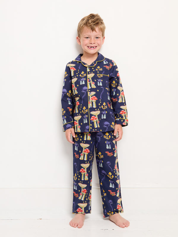 Kids Cotton Pyjamas Navy Mushroom