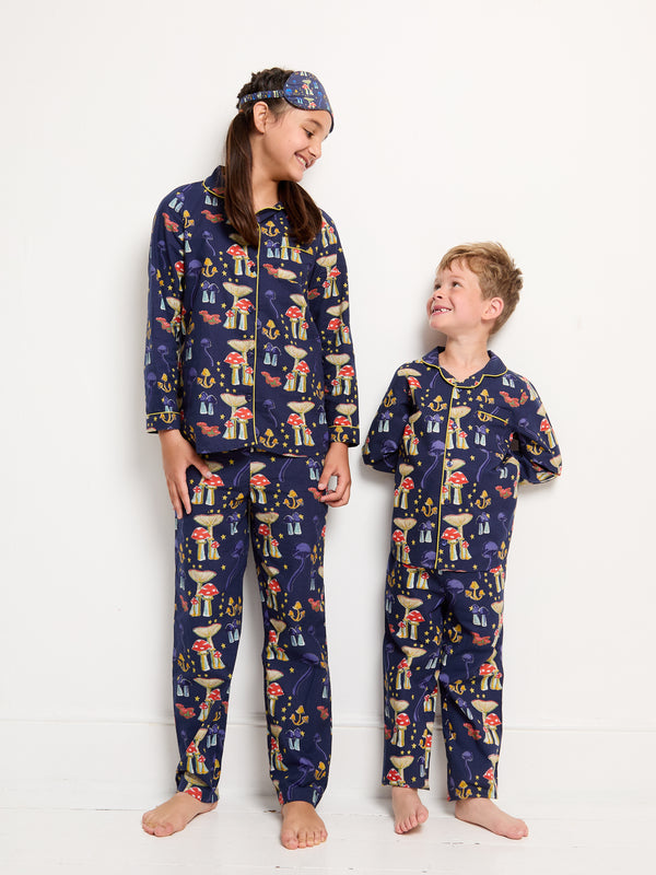 Kids Cotton Pyjamas Navy Mushroom