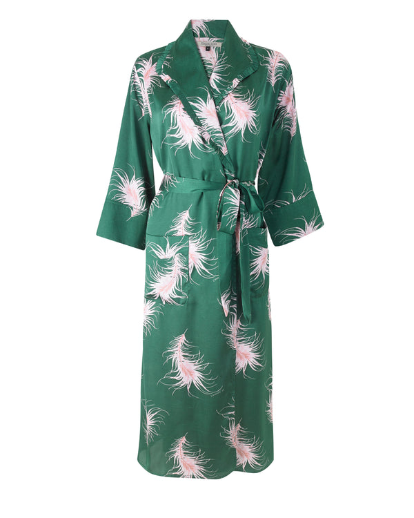 Womens Satin Pleated Collar Dressing Gown Robe Emerald Le Sommeil