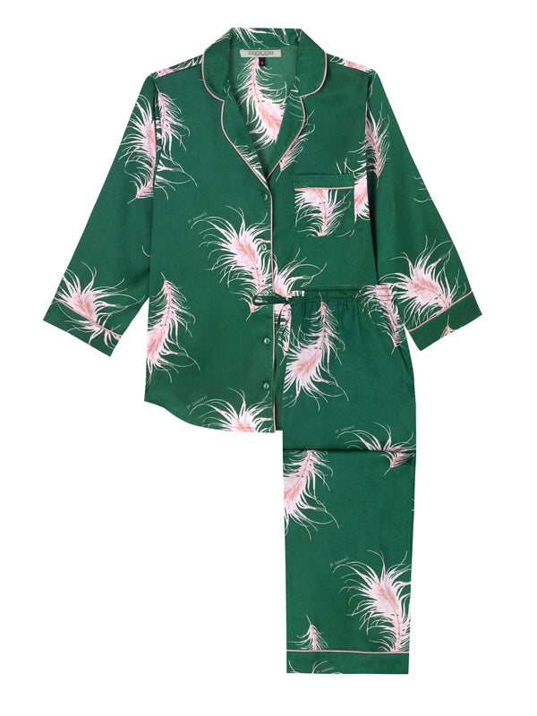 Womens Satin Cropped Sleeve Capri Pyjamas Emerald Le Sommeil