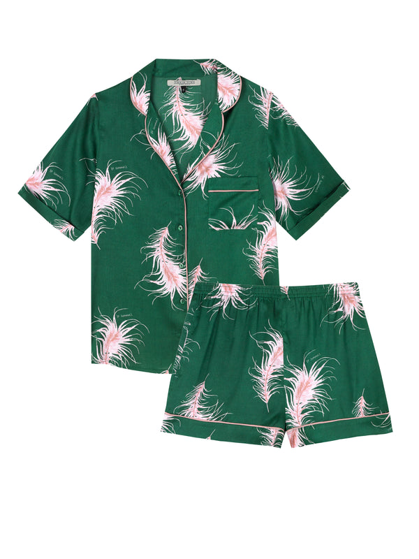 Womens Satin Shortie Pyjamas Emerald Le Sommeil