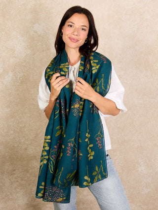 Ladies Linen Blend Scarf Dark Teal Autumn Floral