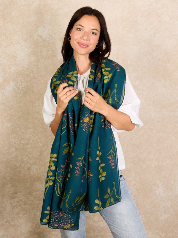 Ladies Linen Blend Scarf Dark Teal Autumn Floral