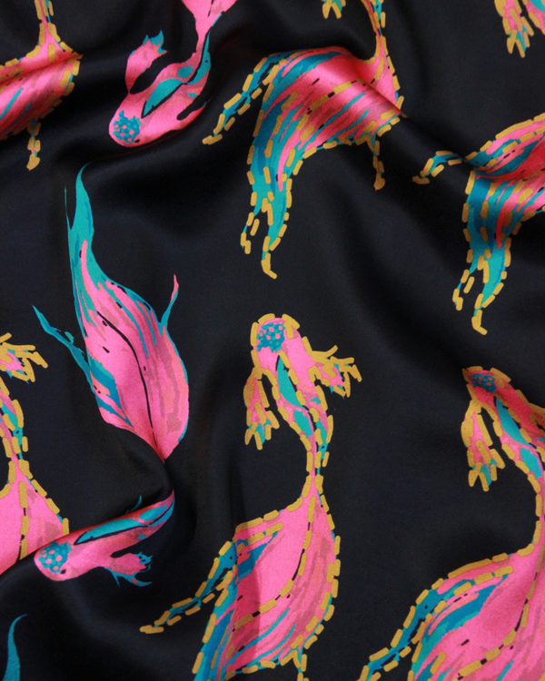 Womens Satin Traditional Pyjamas Deep Navy Magic Fish