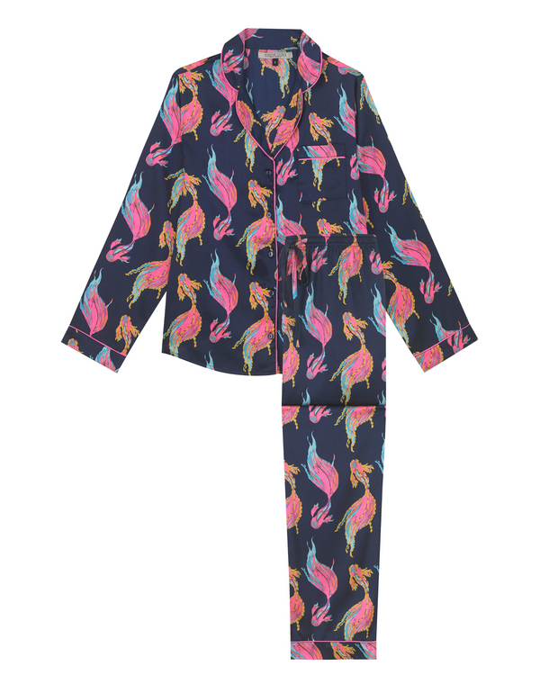 Womens Satin Traditional Pyjamas Deep Navy Magic Fish