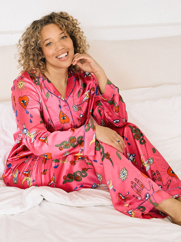 Womens Satin Traditional Pyjamas Pink Magik