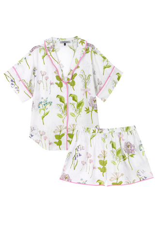 Floral print short pyjama set on a white background