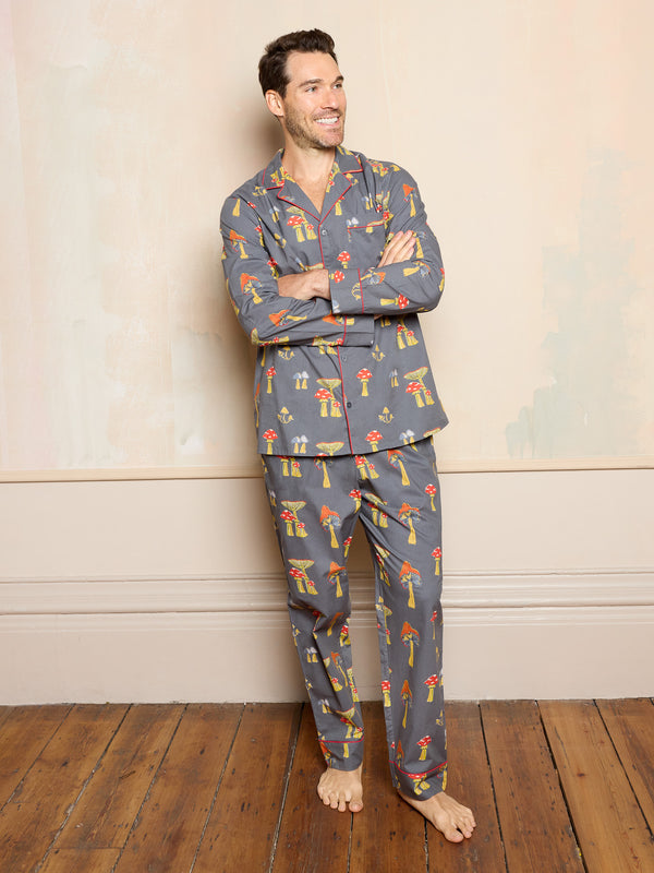 man wearing grey cotton pyjamas with mushroom print