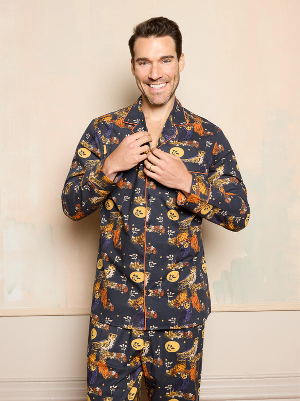 Mens Cotton Traditional Pyjamas Charcoal Owl Moonlight