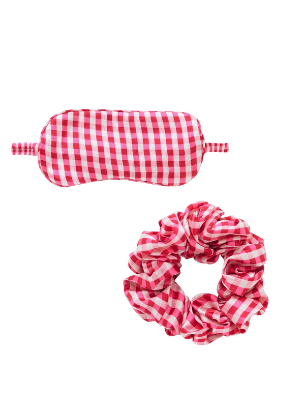 Satin Eye Mask & Scrunchie Pink Gingham