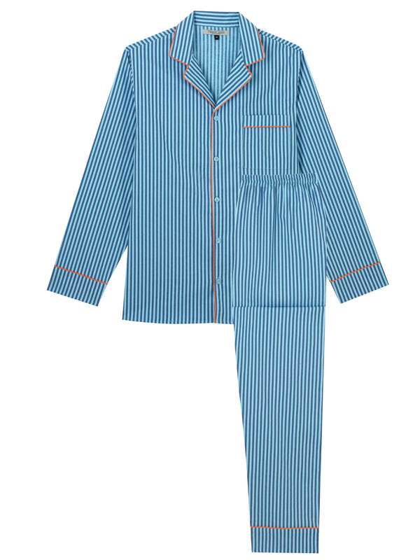 Mens Cotton Traditional Pyjamas Blue Ticking Stripe