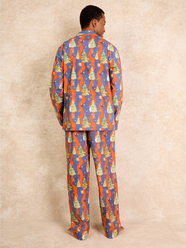 Mens Cotton Traditional Pyjamas Red Blue Christmas Tree Magic