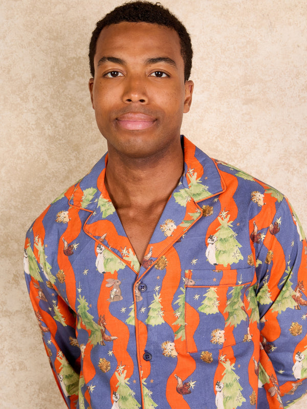 Mens Cotton Traditional Pyjamas Red Blue Christmas Tree Magic