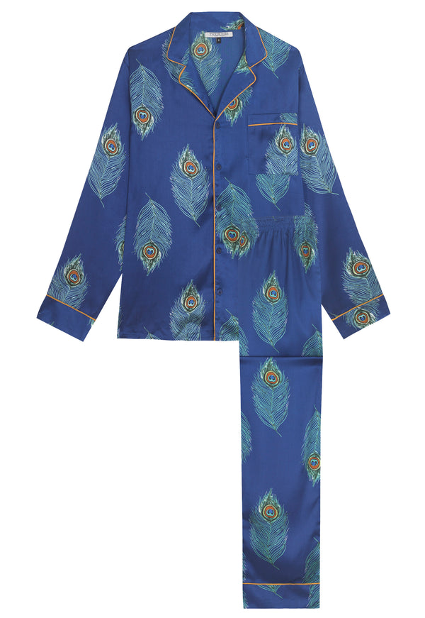 Mens Satin Traditional Pyjamas Navy Peacock