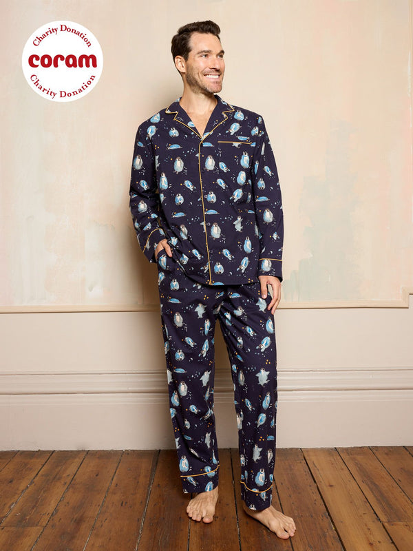 Mens Cotton Traditional Pyjamas Navy Penguins