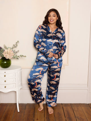 Womens Satin Traditional Pyjamas Navy Moon and Clouds
