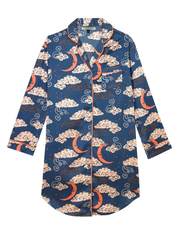 Womens Satin Nightshirt Navy Moon and Clouds