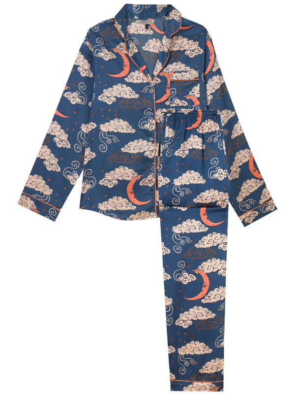 Womens Satin Traditional Pyjamas Navy Moon and Clouds